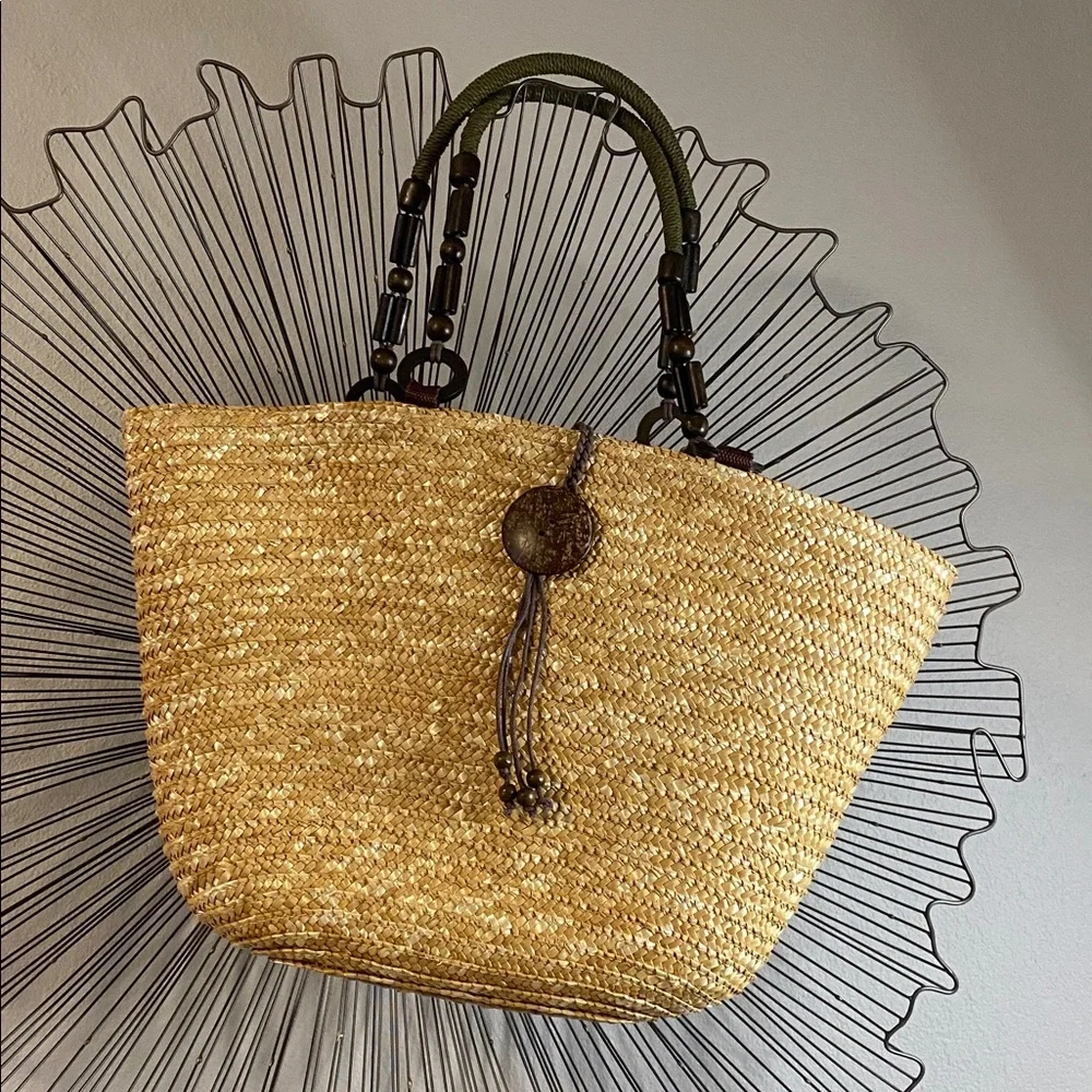 White Stag Natural Straw Tote with Wood Accents & Snap Top Closure - Picture 1 of 8